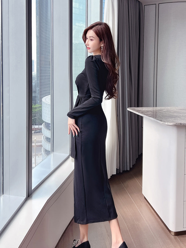 Black Dress Women's V-neck Style Long