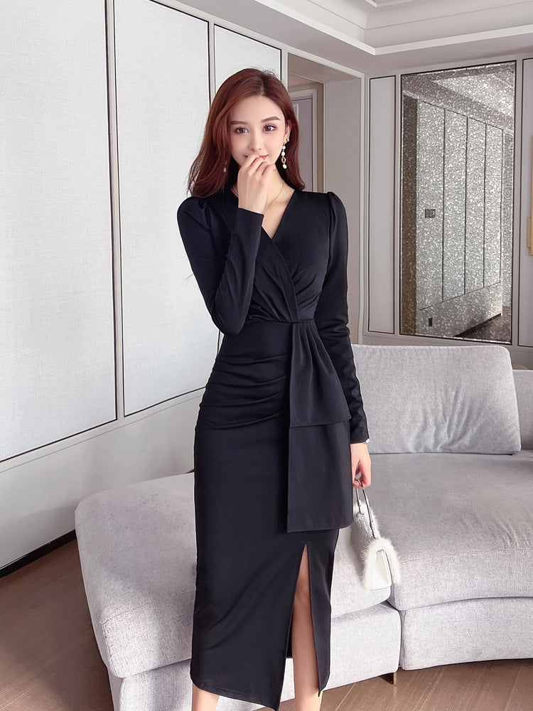 Black Dress Women's V-neck Style Long