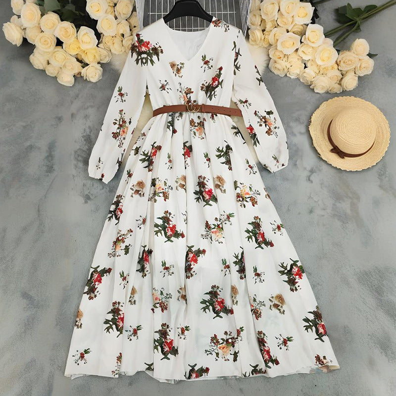 Temperament V-neck Long Sleeve Printed Dress For Woman