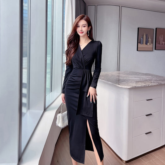 Black Dress Women's V-neck Style Long