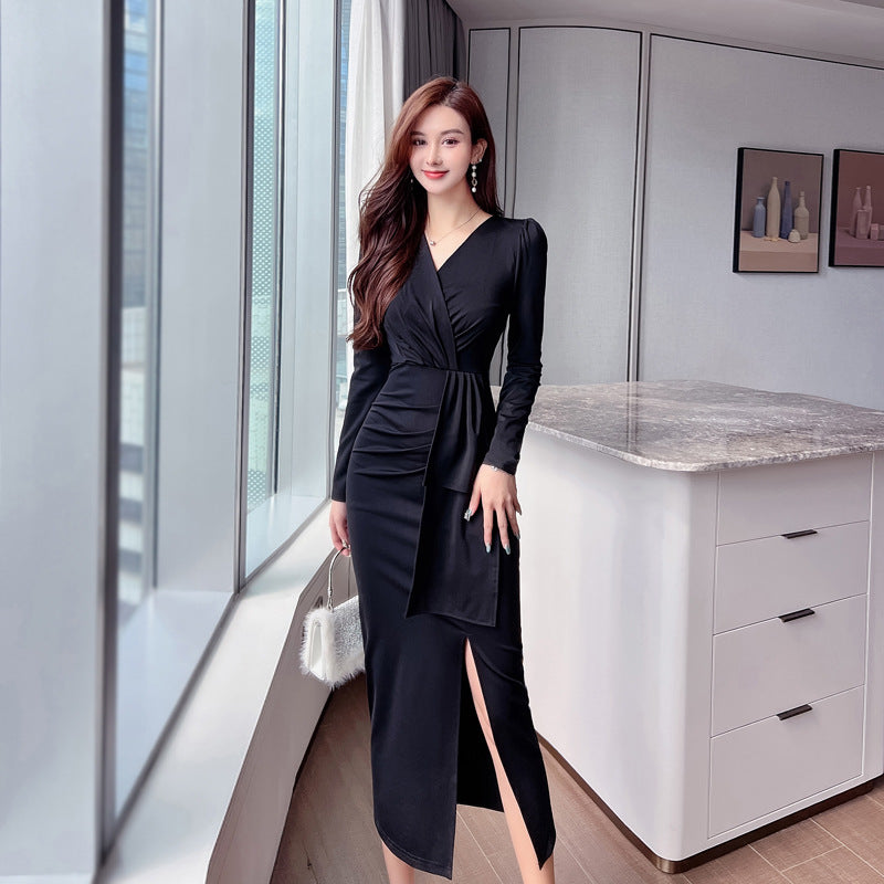 Black Dress Women's V-neck Style Long